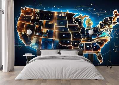 Digital map of USA, concept of American global network and connectivity, data transfer and cyber technology, electronic vote, information exchange and telecommunication Wall mural