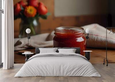 Sweet and healthy strawberry fruit jam in a glass jar on a wooden kitchen table next to the spoon and a whole grain bread for nutritious dessert vegan meal. Homemade organic marmalade Wall mural