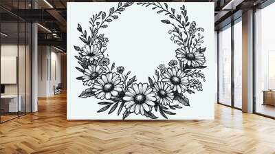 wreath of flowers, leaves
black and white vector frame illustration
set of decorative elements of plants background  Wall mural