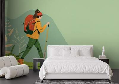 A colorful 2D cartoon illustration of a hiker with a backpack walking along a nature trail, isolated on a solid green background, capturing the joy of outdoor adventure. Wall mural