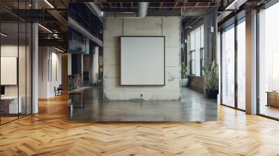 A mockup of a blank square photo frame hanging in the middle of wall with Industrial, urban, loft-style decoration Wall mural