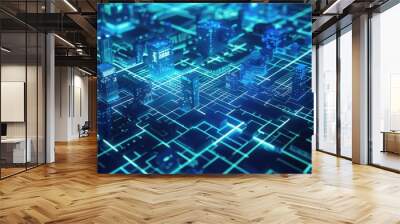 Futuristic Cityscape Neon Lights Grid Wall mural