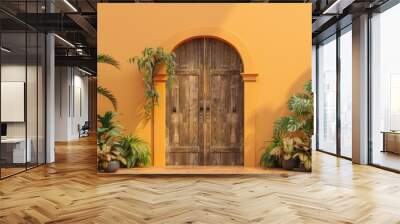 Template showcasing a decorative wooden gate at the entrance to a botanical garden, isolated on a light orange background Wall mural