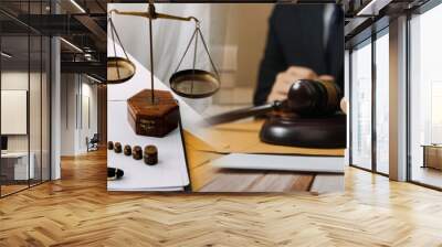 Business and lawyers discussing contract papers with brass scale on desk in office. Law, legal services, advice, justice and law concept picture with film grain effect Wall mural