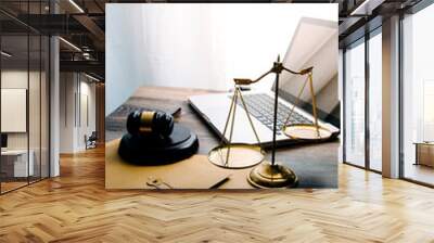 Business and lawyers discussing contract papers with brass scale on desk in office. Law, legal services, advice, justice and law concept picture with film grain effect Wall mural