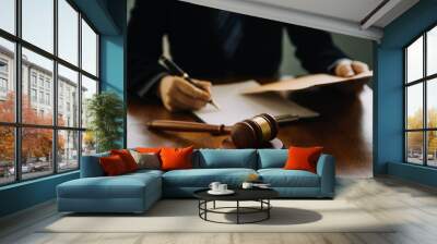 Business and lawyers discussing contract papers with brass scale on desk in office. Law, legal services, advice, justice and law concept picture with film grain effect Wall mural