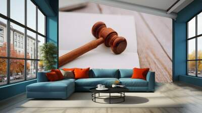 Business and lawyers discussing contract papers with brass scale on desk in office. Law, legal services, advice, justice and law concept picture with film grain effect Wall mural