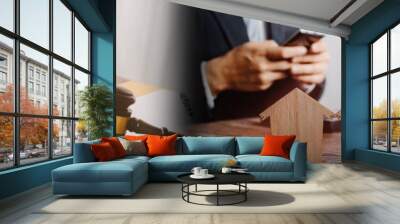 Business and lawyers discussing contract papers with brass scale on desk in office. Law, legal services, advice, justice and law concept picture with film grain effect Wall mural