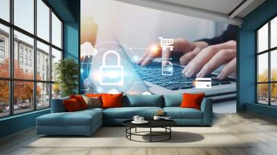 Cyber Security Internet And Networking Concept. Businessman Hand Working With laptop computer and virtual Screen Padlock Icon. Digital crime by an anonymous hacker, data protection. Wall mural