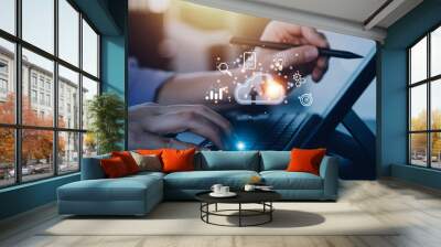 man use Laptop with cloud computing diagram show on hand. Cloud technology. Data storage. Networking and internet service concept. Wall mural