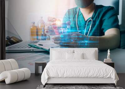 Medicine doctor touching on digital healthcare and network connection with modern virtual screen interface icons on the hospital background, Medical technology and network concept. Wall mural