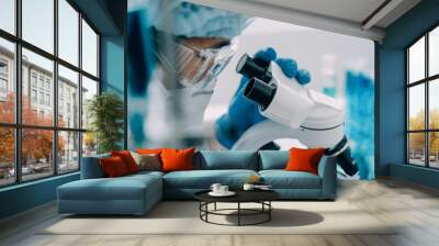 microscope with lab glassware, science laboratory research and development concept Wall mural