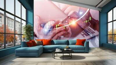 planning and strategy, Stock market, Business growth, progress or success concept. Businessman or trader is showing a growing virtual hologram stock, invest in trading. Wall mural