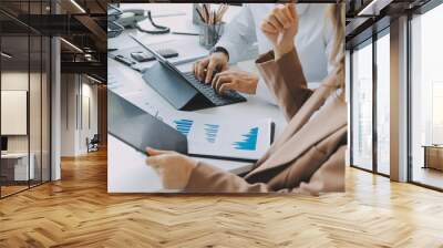 Team of business people working together in the meeting room office, teamwork background charts and graphs banner, double exposure successful teamwork,business planning concept. Wall mural