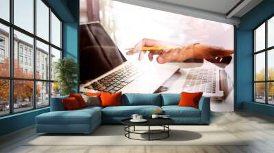 Woman using a laptop with World and big data network connection, World Wide Web, social network Wall mural