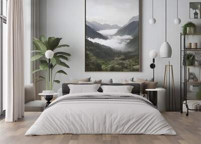 A living room style interior set design with a mockup poster empty white and with a large picture of a landscape. Wall mural