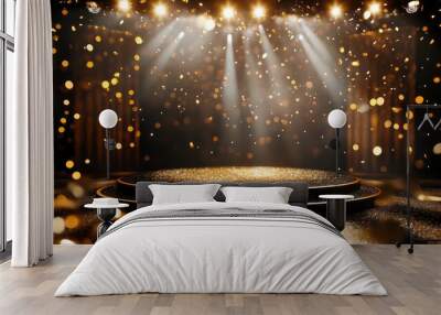 A black and gold stage with confetti and spotlights, perfect for showcasing a product or award. Wall mural