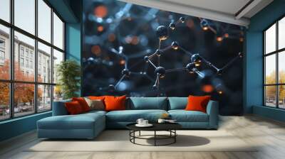 A close-up of a molecular structure with shiny spheres connected by thin rods against a dark background with bokeh. Wall mural