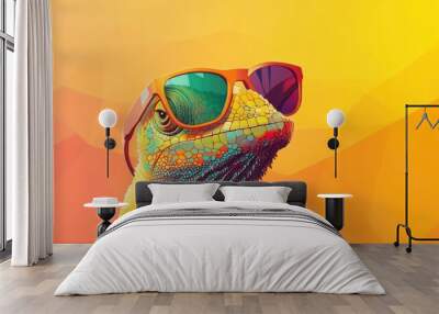 A close-up shot of a lizard wearing sunglasses against a yellow background. Wall mural