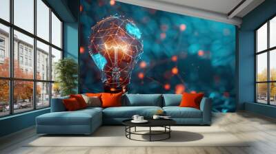 A glowing light bulb with a geometric design is set against a dark, abstract background. Wall mural