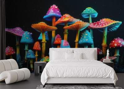 A group of vibrant, colorful mushrooms with a black background. Wall mural