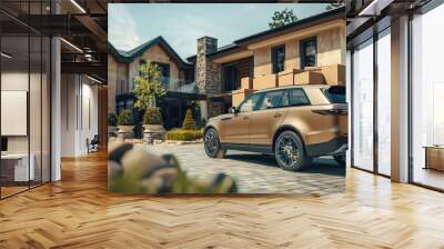 A luxurious SUV is parked in front of a large, modern home with boxes loaded in the back. The home is surrounded by a lush lawn and trees. Wall mural