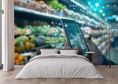 A person uses a tablet to view data and charts in a supermarket aisle with produce in the background. Wall mural