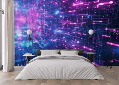 Abstract purple and blue digital network with glowing lights. Wall mural