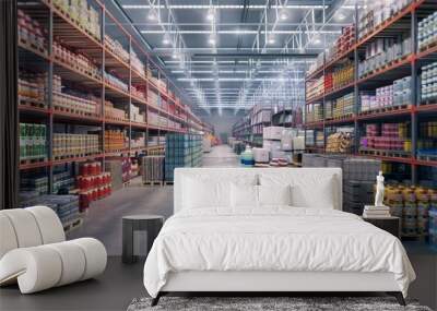 An interior view of a large warehouse with rows of shelves stocked with goods on pallets, lit by overhead lights. Wall mural