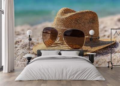 Close up of a straw hat and sunglasses lying on a beach. Wall mural