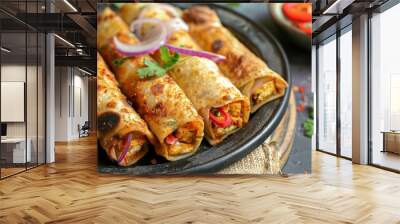 Close up of four crispy golden brown rolls with cheese and vegetables on a black plate, garnished with red onion and parsley, with a bowl of chopped red pepper and herbs in the background. Wall mural