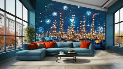 Industrial Complex Illuminated at Night with Connected Network Icons Wall mural