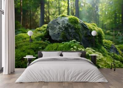 Moss Covered Rock in a Sun-Dappled Forest. Wall mural