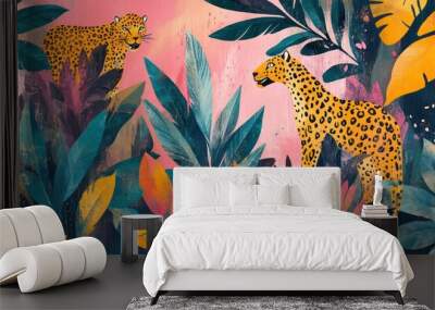 Two leopards are standing in a tropical jungle with vibrant colors and textures. Wall mural