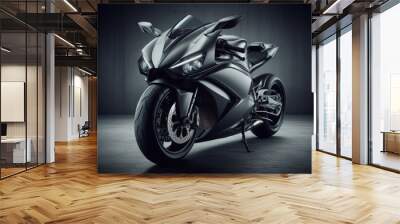 Luxury expensive super bike parked on dark background. modern luxury design gray bike. Clean lines and detailed front view of modern automotive advertising banner Wall mural