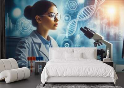 Research medical DNA lab science biotechnology scientist laboratory clinic medicine chemistry. Medical analysis DNA research equipment technology test microscope work health scientific computer gene Wall mural