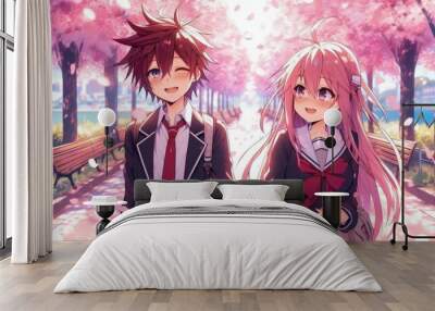 young anime boy and girl couple on a date Wall mural