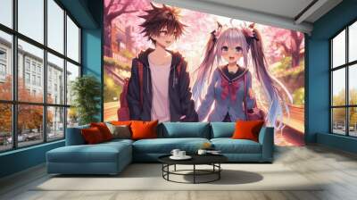 young anime boy and girl couple on a date Wall mural