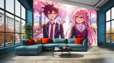 young anime boy and girl couple on a date Wall mural