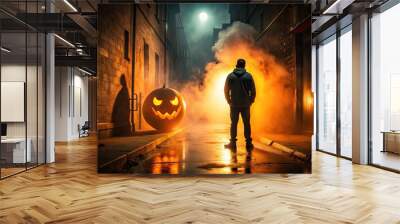 A person's shadowy silhouette cowers in a dark alley, surrounded by eerie mist, with a gigantic, glowing orange fear emoji looming large in the background atmosphere. Wall mural