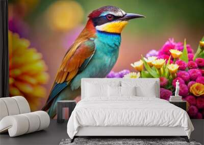 Bird on Blossoms with Butterfly - Nature Bokeh Photography Wall mural