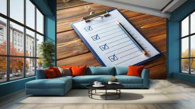 Clipboard Checklist with Pencil Icon on a Tabletop in Dramatic Drone Photography Style for Business Efficiency and Wall mural