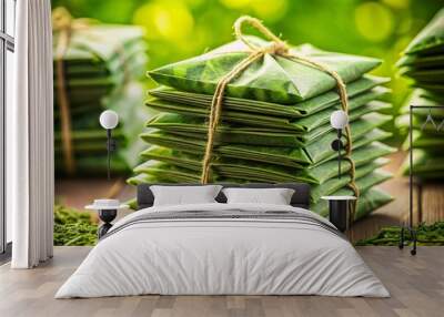 Close-Up of Green Wrapped Tea Bags - Candid Photography of Individual Tea Packets for Tea Lovers Wall mural