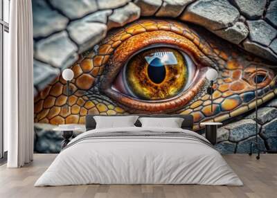 Close-Up of Reptilian Eye in Night Photography - Dark Textured Scales and Mysterious Atmosphere Wall mural