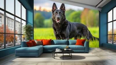 Majestic black German Shepherd dog with piercing eyes and erect ears stands regally in a lush green meadow, Wall mural