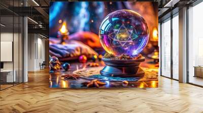 Mysterious Occult Banner Featuring a Crystal Ball Surrounded by Arcane Symbols and Enigmatic Designs Wall mural