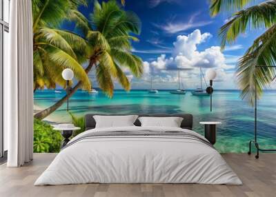 Serene tropical beach scene with palm trees, crystal-clear turquoise water, and sailboats in the distance, evoking Wall mural