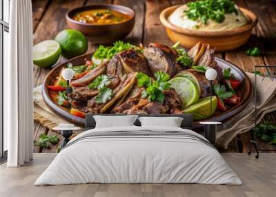 Tender roasted cabrito, a traditional Mexican dish, served with fresh cilantro, lime wedges, and warm tortillas on a Wall mural