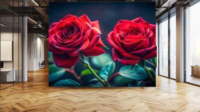 Two Red Roses on Dark Background - Tilt-Shift Photography for Floral Aesthetics Wall mural