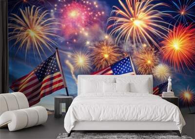 Vibrant fireworks explode in a starry night sky, illuminating American flags and patriotic decorations, capturing the Wall mural